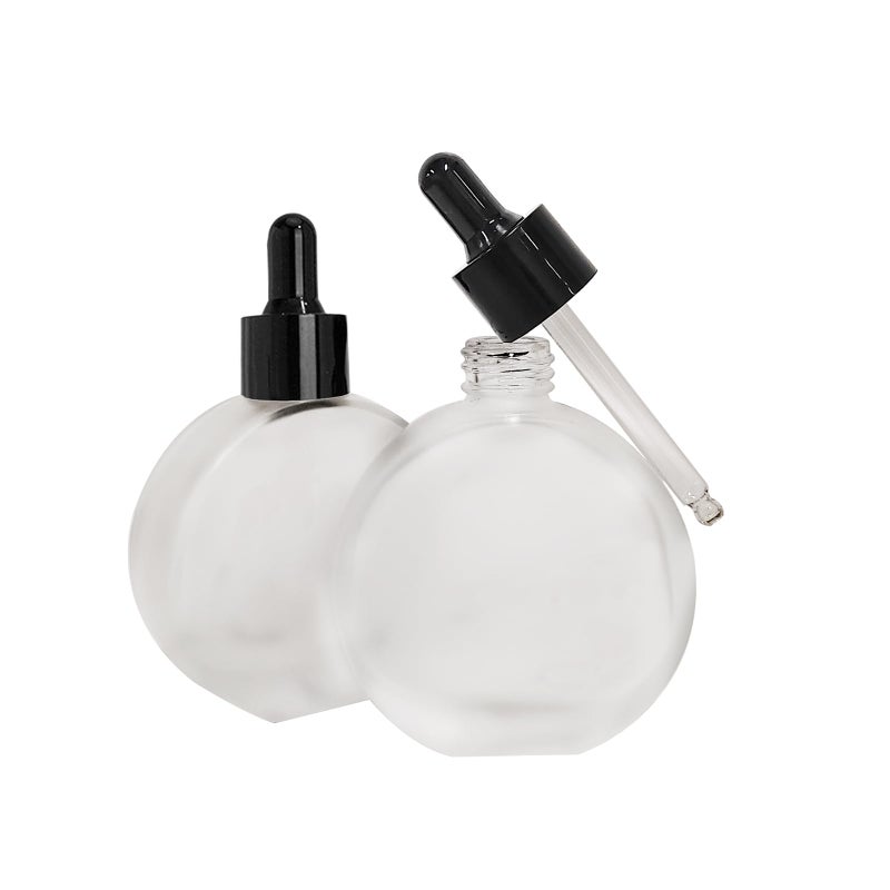 PYAWI 6Pcs 2 oz Frosted Glass Dropper Bottles for Essential Oils 60ml Flat Round Perfume Bottle for Essential Oils  Perfumes Serums - Leakproof for Travel (Clear Frosted) - Image 2